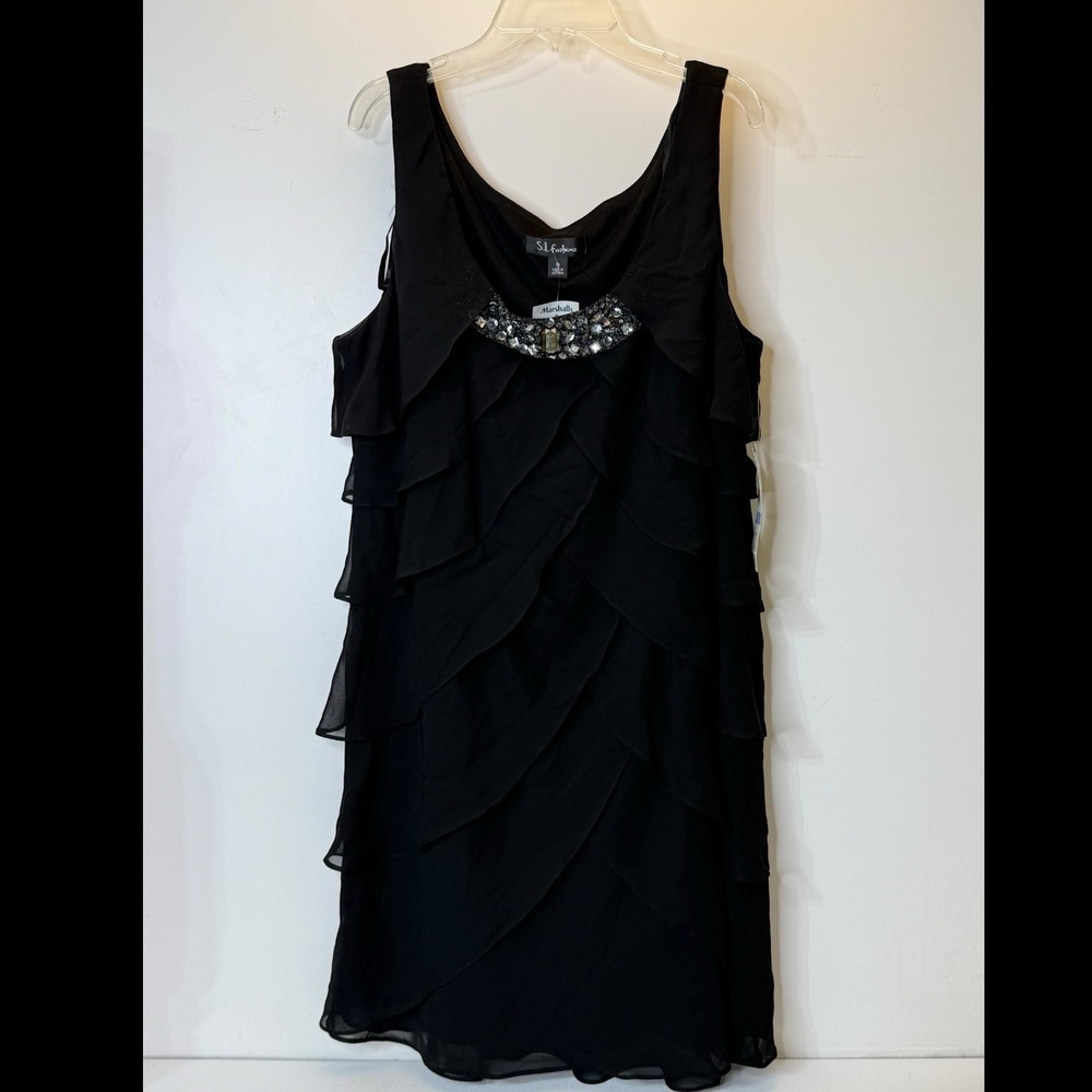 S.L. Fashions Black Tulip Tier Ruffle Sleeveless Dress Womens Misses 18 Beading